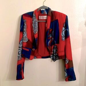 Vintage Cropped Red & Blue Funky Print 80s Cropped Jacket Medium Festival Layer